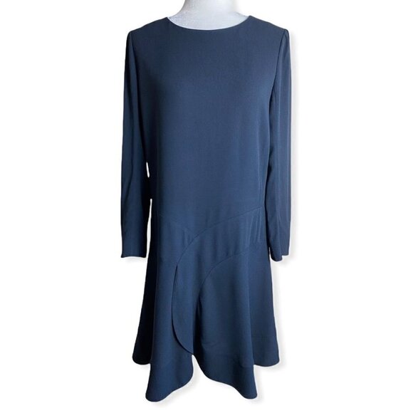 Chloé Crepe Dress Crew Neck Knee-Length in Dark Navy Ruffle Sz FR40 US 10/Medium - Picture 4 of 10